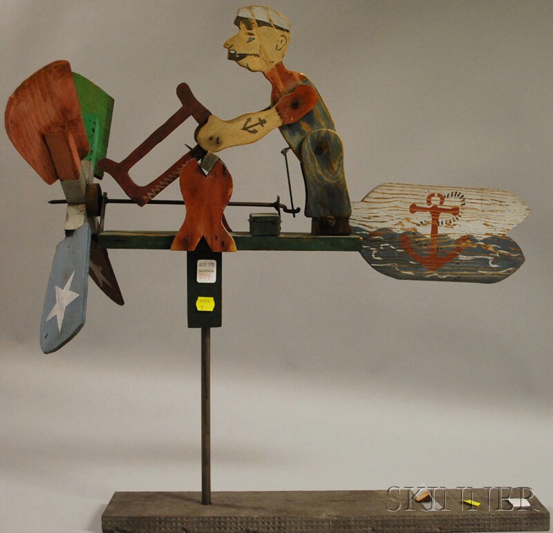 Appraisal: Polychrome-painted Wooden Popeye Whirligig ht lg in