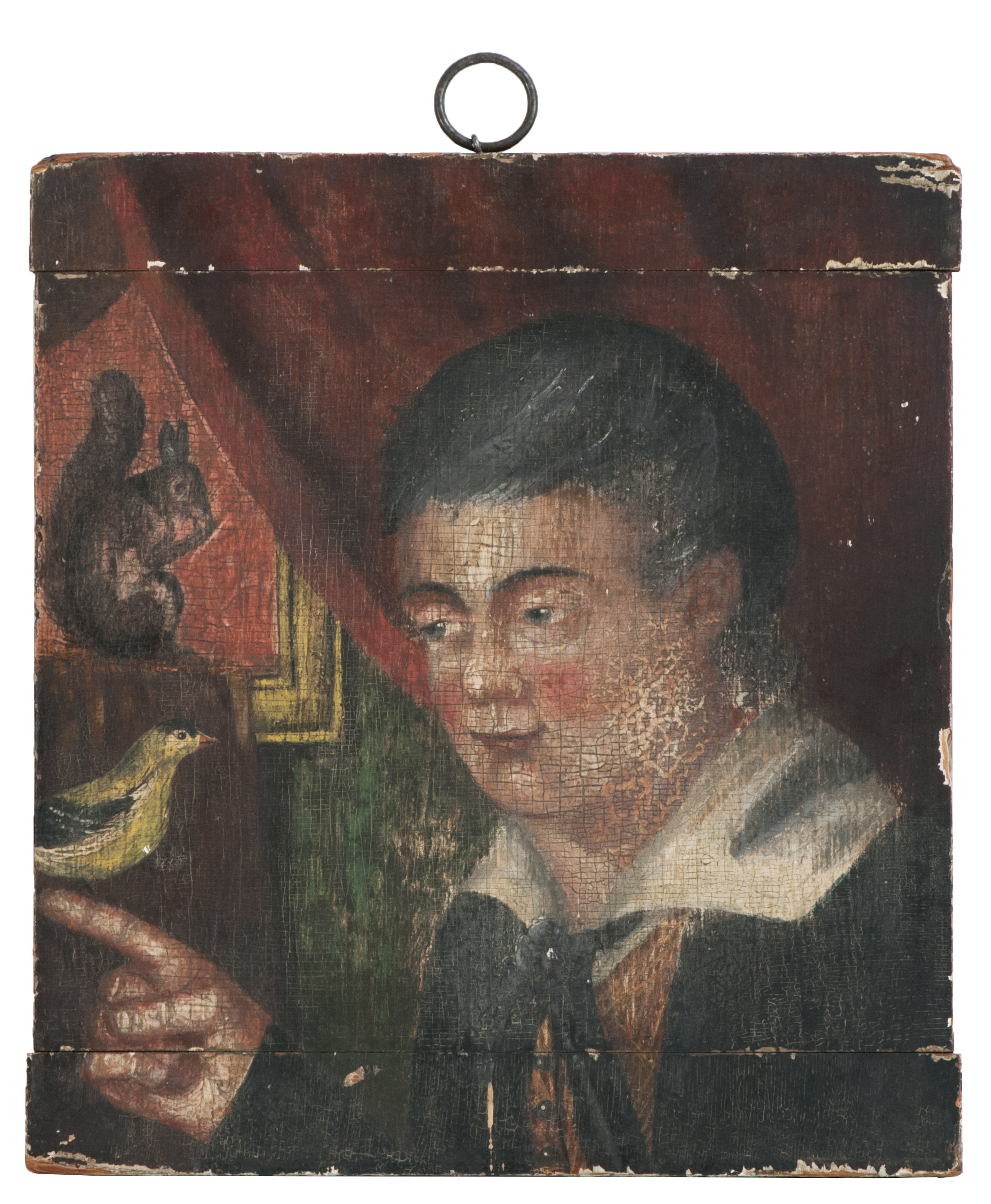 Appraisal: PRIMITIVE PORTRAIT OF A BOY HOLDING A GOLDFINCH New England