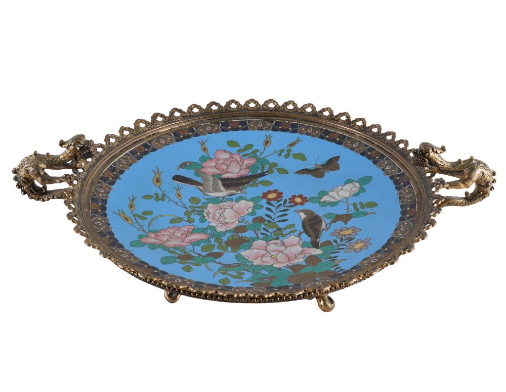 Appraisal: BRONZE-MOUNTED CHINESE CLOISONNE TAZZAunsigned with dragon handles and feet Provenance