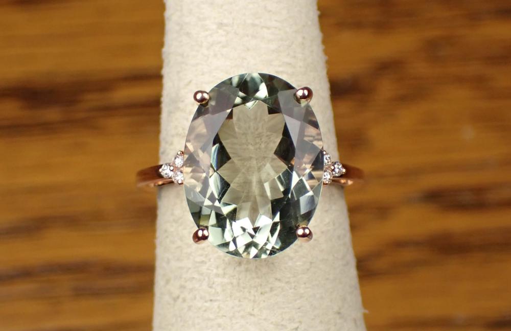 Appraisal: PRASIOLITE DIAMOND AND FOURTEEN KARAT GOLD RING The rose gold