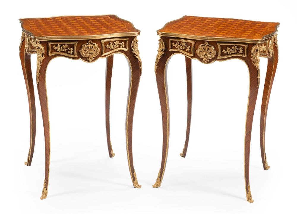 Appraisal: Pair of Louis XV-Style Bronze-Mounted Kingwood and Marquetry Side Tables