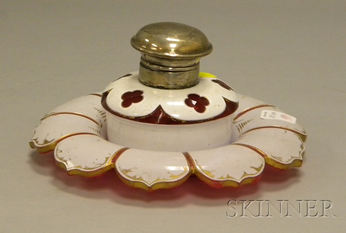 Appraisal: Victorian Sterling Silver Mounted Gilt-decorated Cased White-cut-to-Ruby Glass Inkwell with