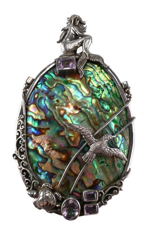 Appraisal: Large abalone shell pendant with sterling silver figural mermaid sea