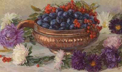 Appraisal: Olga Kalashnikova Russian b Asters and Plums ca - Oil