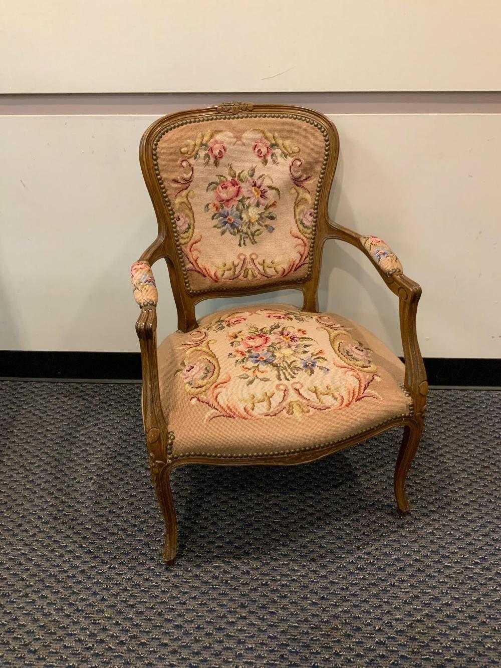 Appraisal: Louis XV Style Fruitwood and Needlepoint Upholstered Bergere