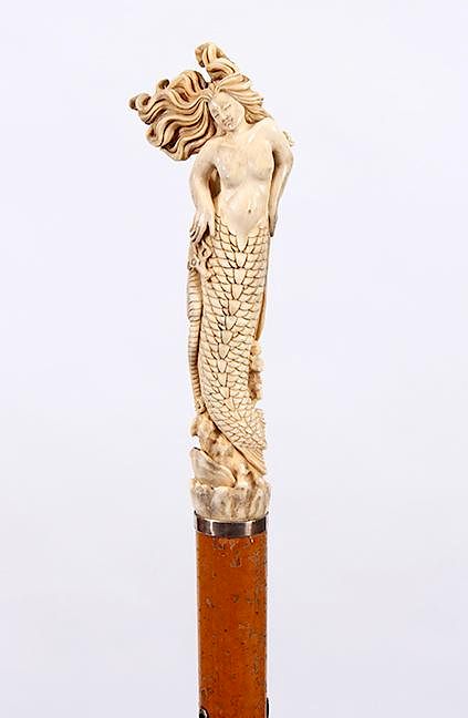 Appraisal: Stag Mermaid Dress Cane A th Century carving of a