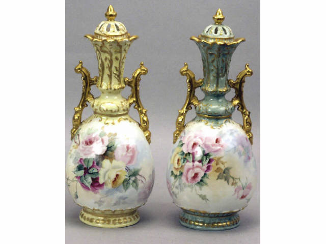 Appraisal: Pair of French Victorian hand painted vases with pierced tops