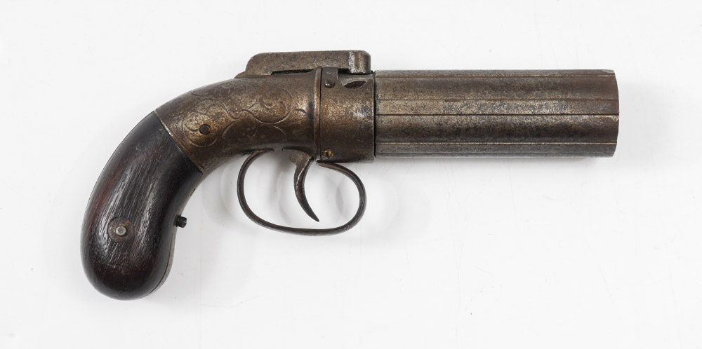 Appraisal: ALLEN THURBER SHOT PEPPERBOX PISTOL Engraved frame overhead hammer shot