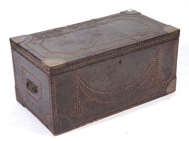 Appraisal: A TH CENTURY LEATHER BOUND BRASS STUDDED TRUNK wide together