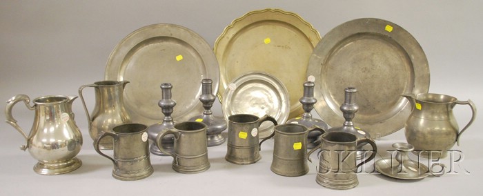 Appraisal: Seventeen Pieces of Pewter Tableware a set of five steins