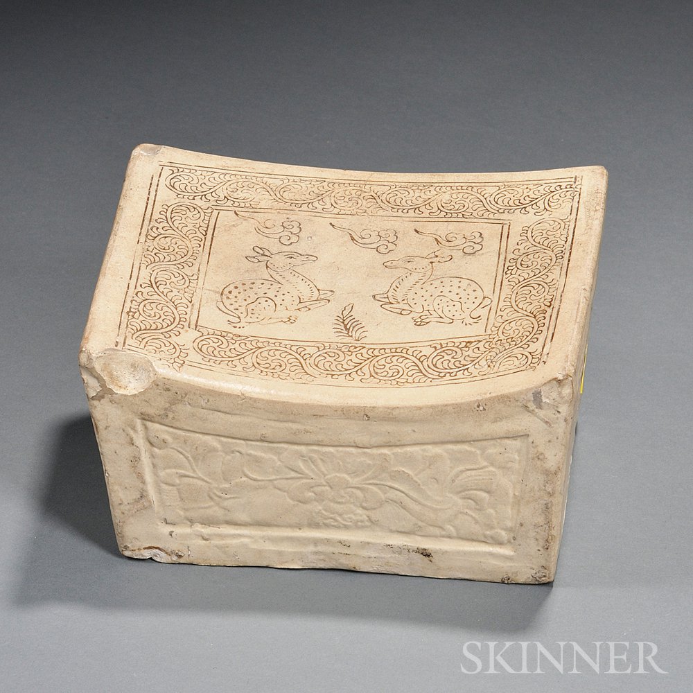 Appraisal: Cream-glazed Pottery Pillow China rectangular with slanted top decorated with