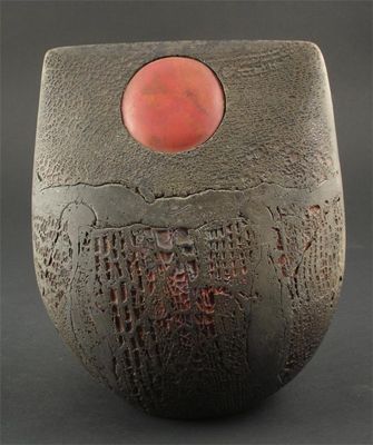 Appraisal: A Peter Hayes raku sack form vase with inset roundel