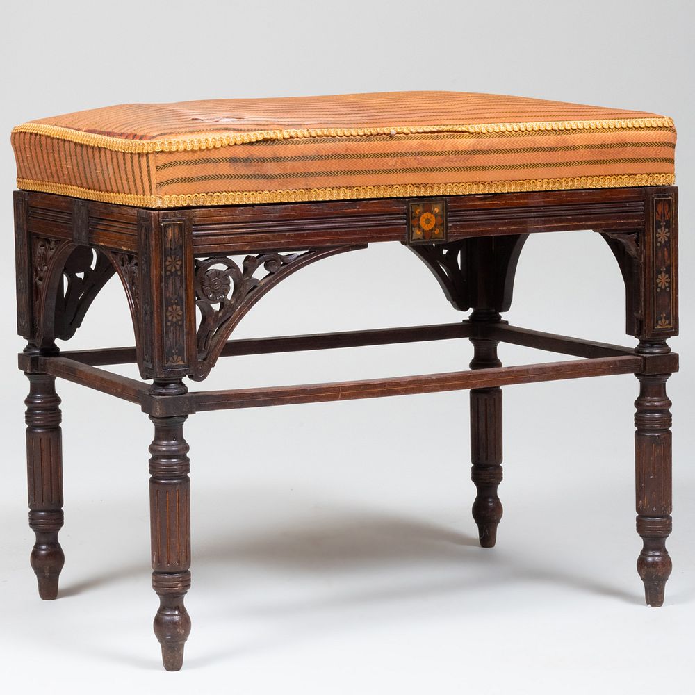 Appraisal: Aesthetic Movement Metal Inlaid Rosewood Bench Attributed to Pottier Stymus