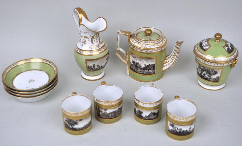 Appraisal: Paris Porcelain Grisaille Tea Service For Four grisaille countryside scenes