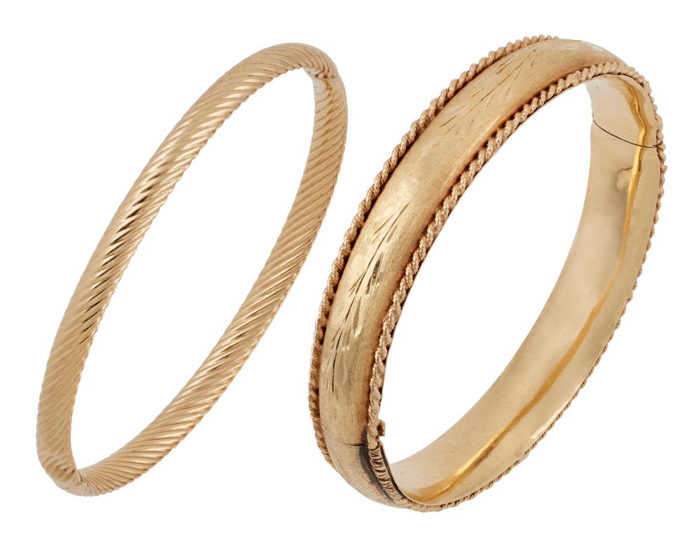 Appraisal: TWO KT YELLOW GOLD BANGLE BRACELETS APPROX TOTAL DWT TWO