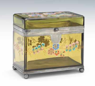 Appraisal: An Enameled Glass Dresser Casket Heavy sage green clear glass