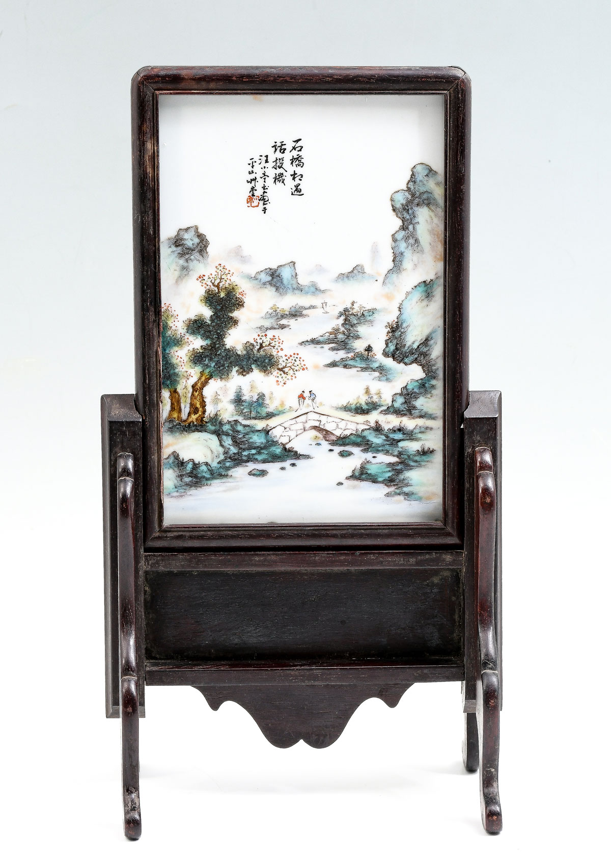 Appraisal: CHINESE PORCELAIN SCREEN ON STAND Chinese porcelain Famille Rose plaque