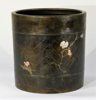 Appraisal: LG Japanese Meiji Bronze Mixed Metal Brush Pot JAPAN MEIJI