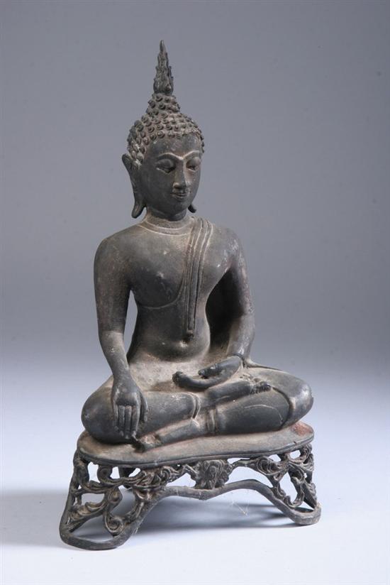 Appraisal: THAI BRONZE FIGURE OF BUDDHA Seated in dhyanasana on an