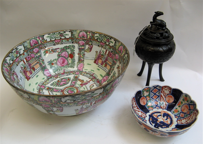 Appraisal: THREE ASIAN ART OBJECTS a porcelain Rose Medallion punch bowl