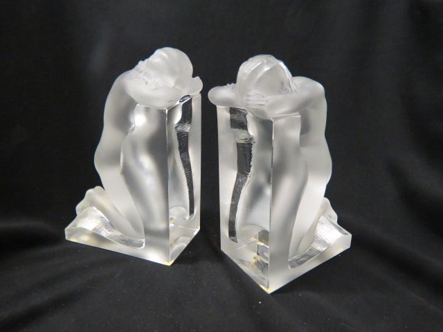 Appraisal: Lalique Crystal Bookends of Nudesat rest frosted excellent