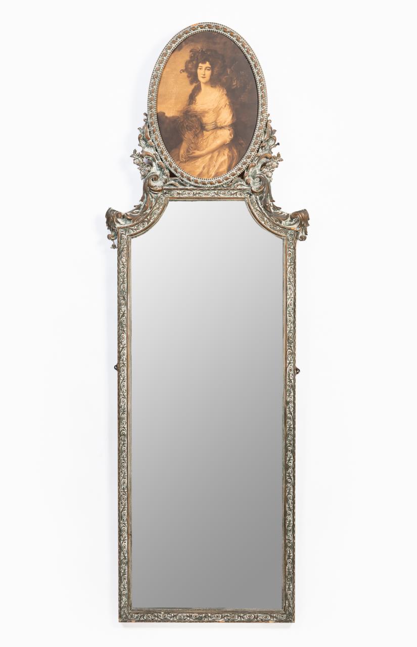 Appraisal: LOUIS XVI-STYLE TRUMEAU MIRROR WITH PORTRAIT American wood and composition