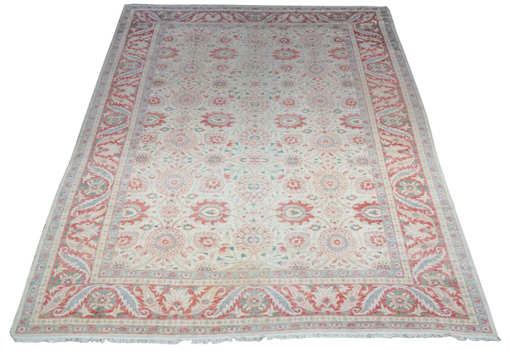 Appraisal: TURKISH BEIGE FIELD CARPETwool the beige field carpet features a