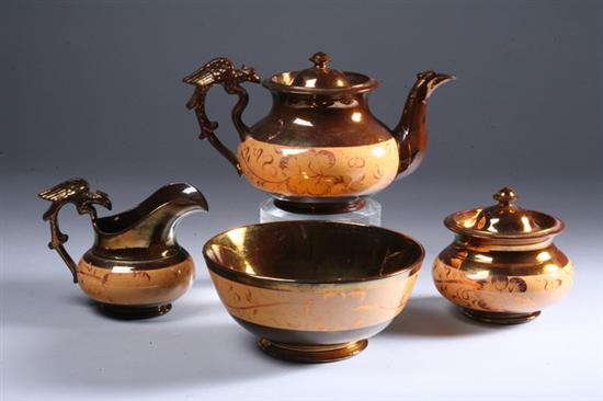 Appraisal: FOUR-PIECE ENGLISH COPPER LUSTREWARE TEA SERVICE Early th century Comprising