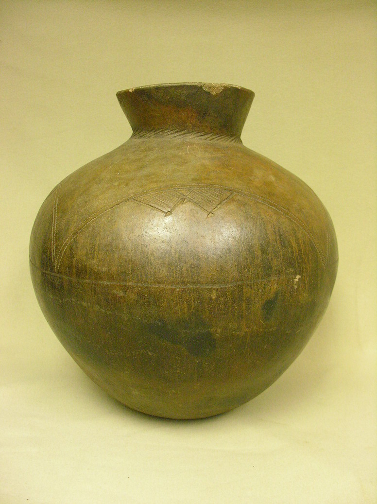 Appraisal: NATIVE AMERICAN POTTERY LARGE VESSEL Possibly a grain jar incised