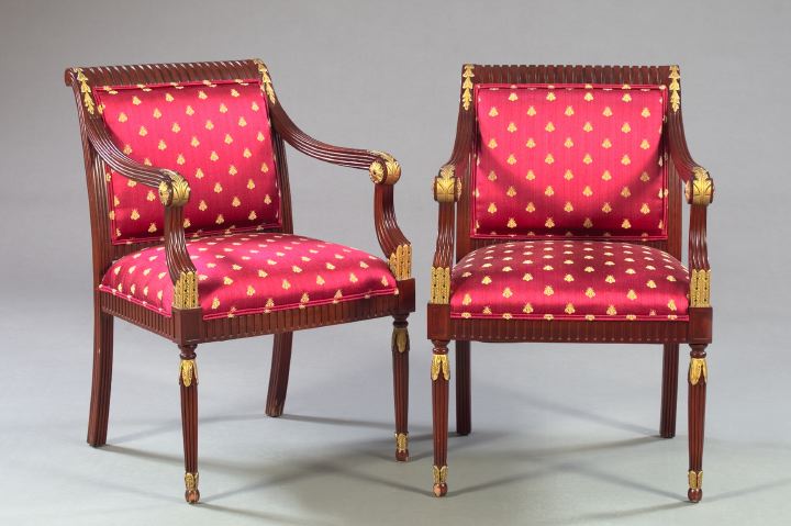 Appraisal: Pair of Regency-Style Mahogany and Parcel-Gilt Armchairs the backs with