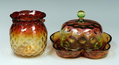 Appraisal: Three pieces amberina vase with rigaree decoration at neck -