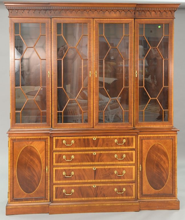 Appraisal: Hickory mahogany inlaid breakfront with glass shelves two part ht