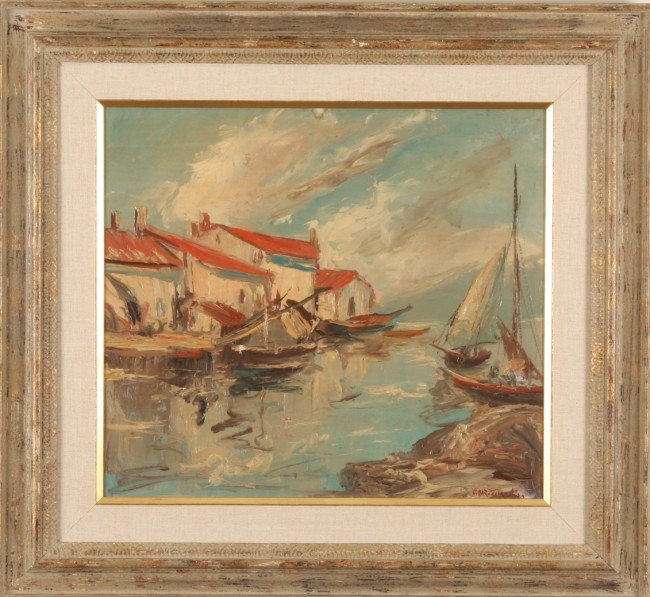 Appraisal: Harbor scene oil on board x sight SLR C A