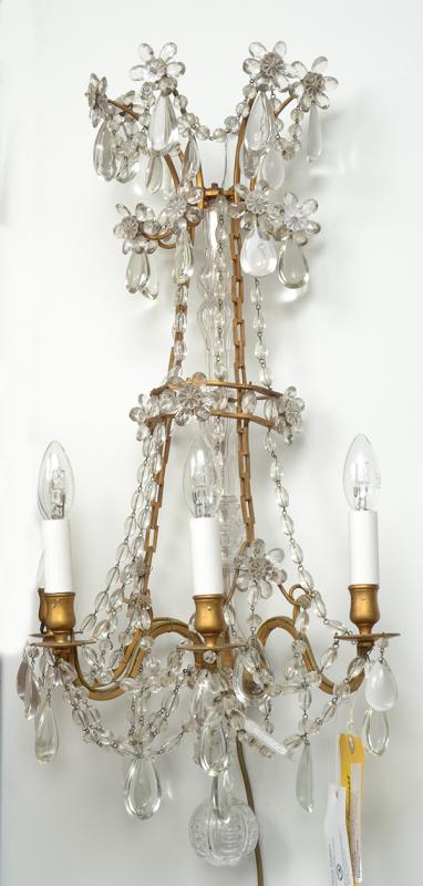 Appraisal: A PAIR OF GILT BRASS AND CRYSTAL WALL SCONCES each