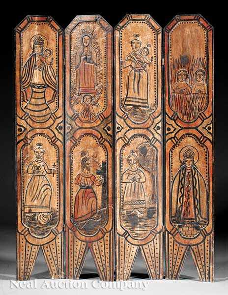 Appraisal: A Carved and Polychromed Pine Four Panel Dressing Screen probably