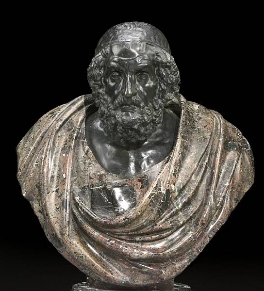 Appraisal: An Italian patinated bronze and carved marble bust of Homer