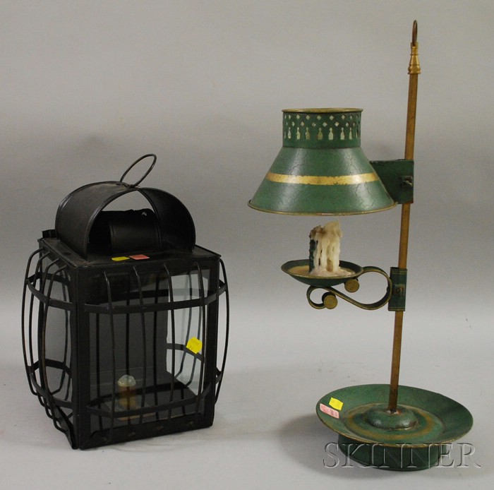 Appraisal: Painted Decorated Tin and Brass Adjustable Candle Lamp and a