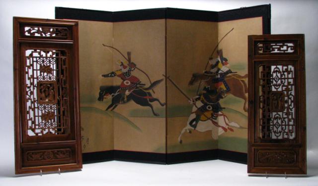 Appraisal: Four panel Oriental decorator screen scene depicting Japanese warriors on