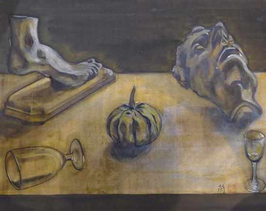 Appraisal: JAPANESE SCHOOL STILL LIFE WITH PUMPKIN AND PORTRAIT SCULPTURE WATERCOLOUR