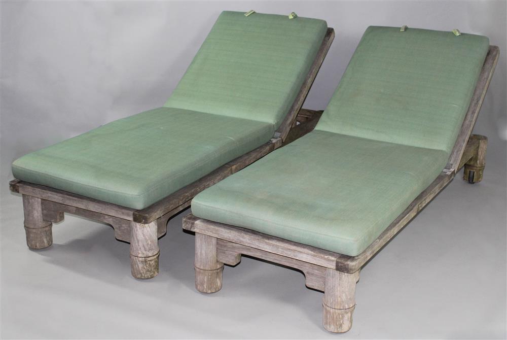 Appraisal: PAIR OF MCGUIRE LARGE WEATHERED TEAK OUTDOOR LOUNGERS INCLUDING ZIPPERED