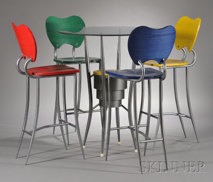 Appraisal: Modern High Table And Four Chairs Painted metal and wood