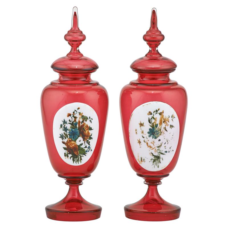 Appraisal: PAIR OF BRISTOL GLASS VASES Hand-painted porcelain reserves on cranberry