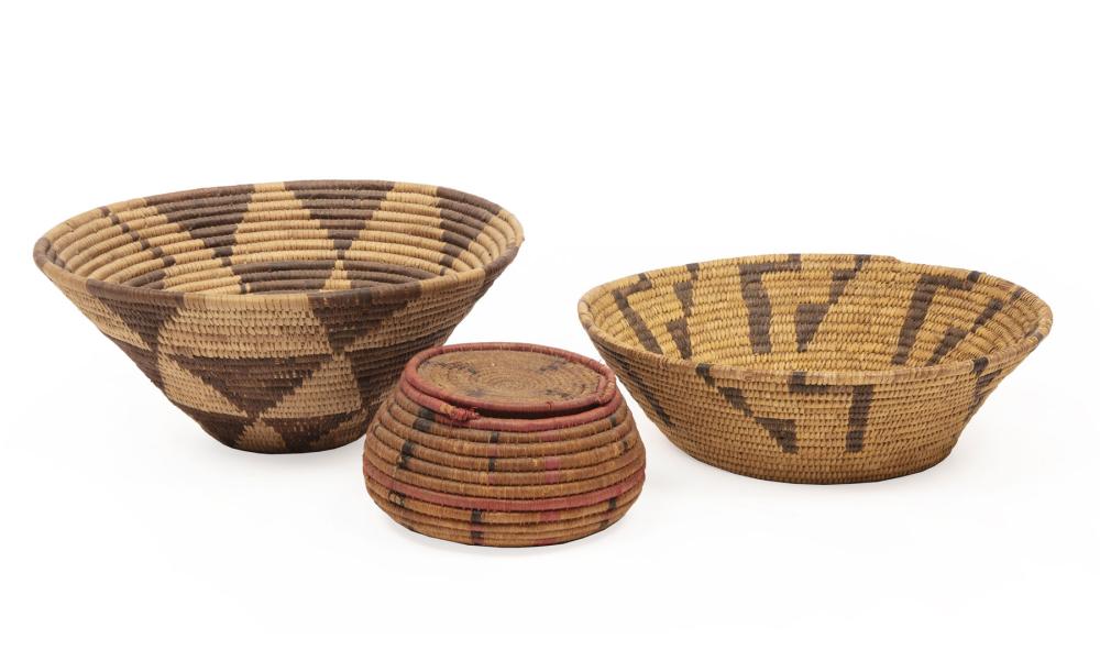 Appraisal: Three Baskets incl conical bowl-form African h in dia in