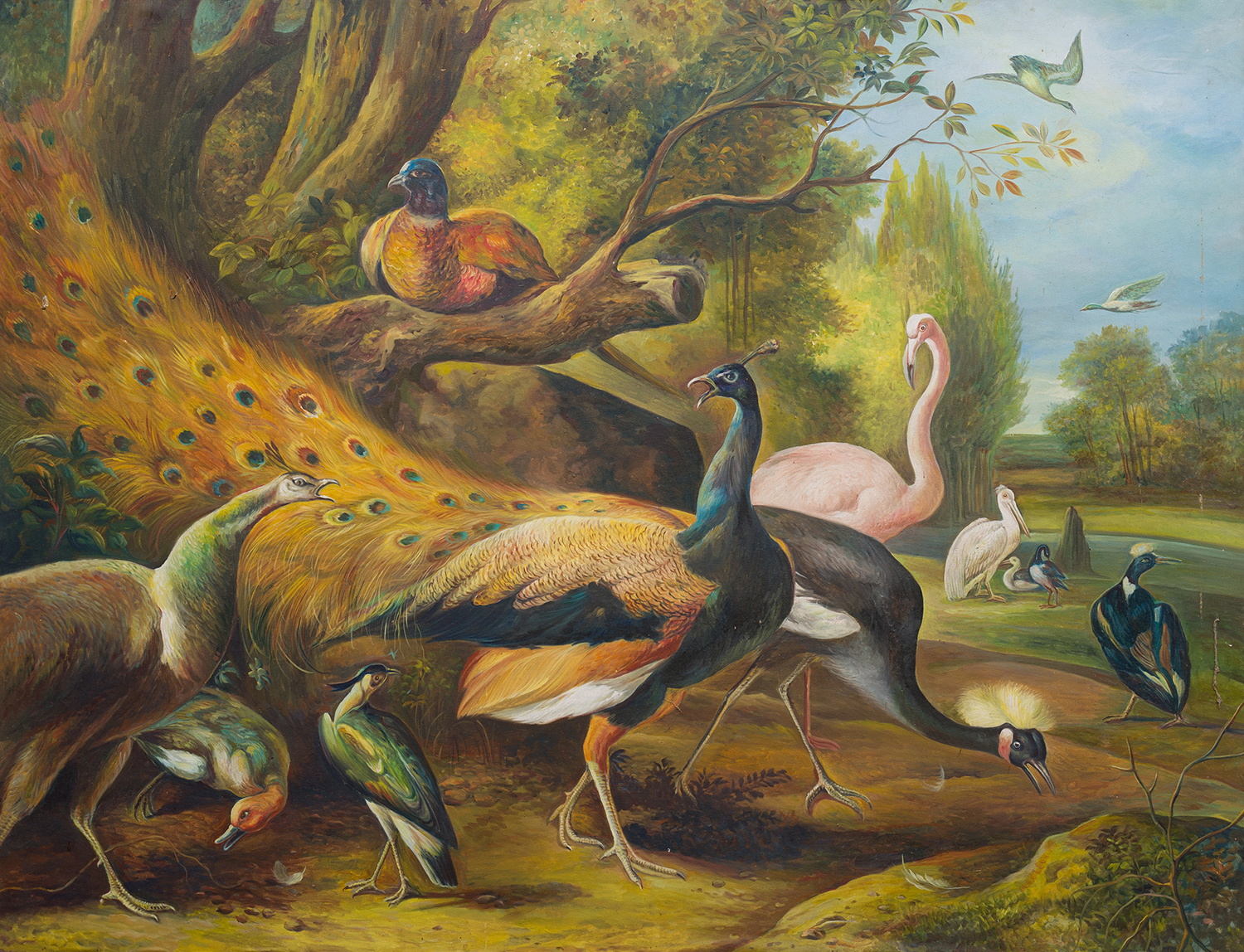 Appraisal: ARTIST UNKNOWN EUROPEAN SCHOOL Exotic Birds oil on canvas laid