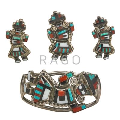 Appraisal: ZUNI RAINBOW MAN SUITE Four items in silver with onyx