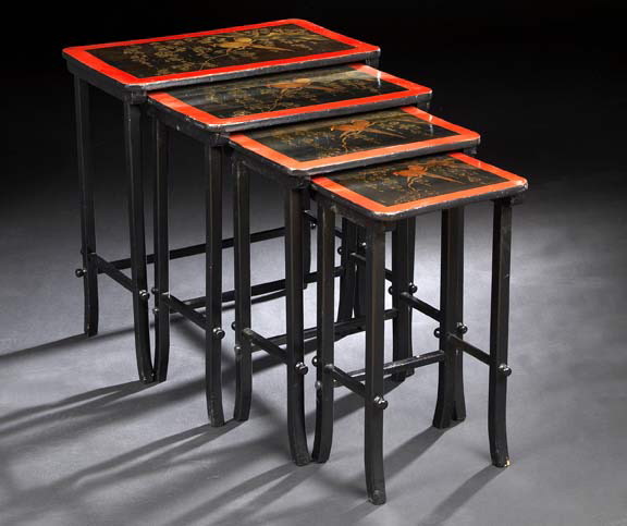 Appraisal: Nest of Four English Parcel-Gilt Red- and Black-Lacquer Quartetto Tables