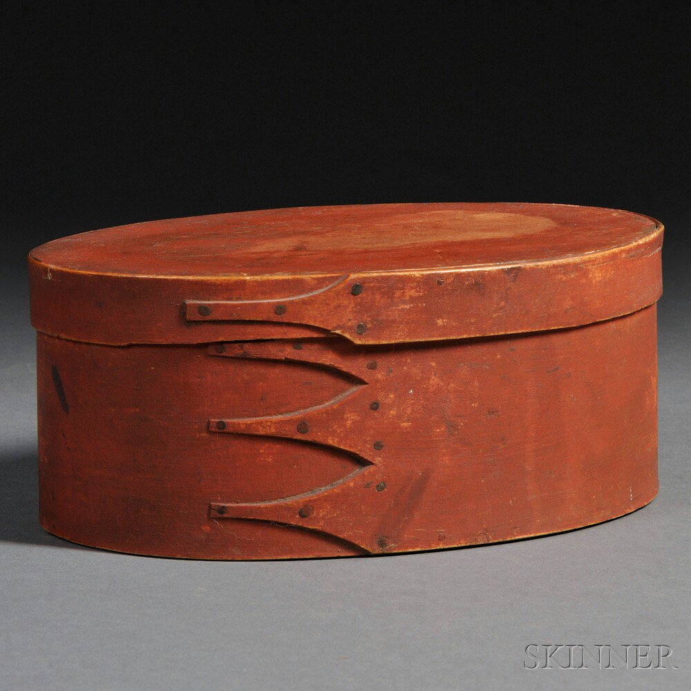 Appraisal: Shaker Red-painted Oval Covered Box probably New England mid to