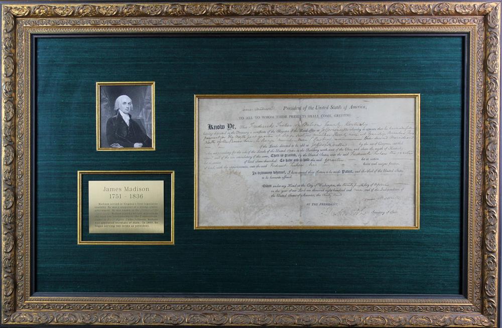 Appraisal: JAMES MADISON LAND GRANT SIGNED partially printed document signed as