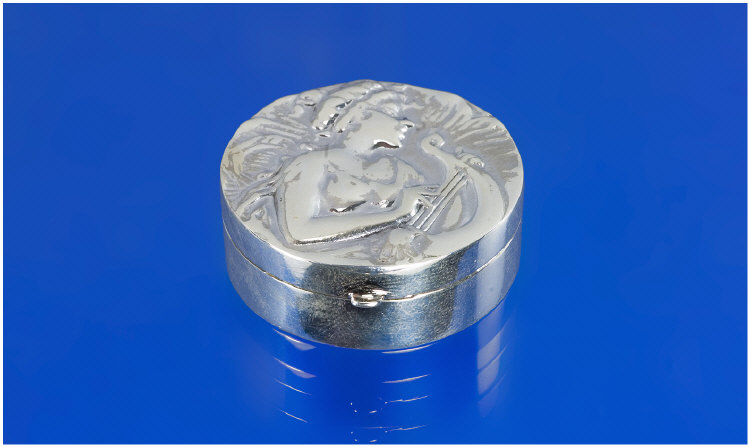 Appraisal: Silver Hinged Circular Pill Box The Top With Embossed Scene