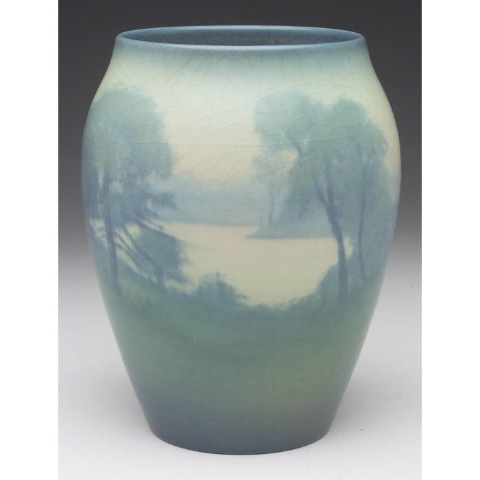 Appraisal: Rookwood vase Vellum glaze with a nicely painted landscape executed